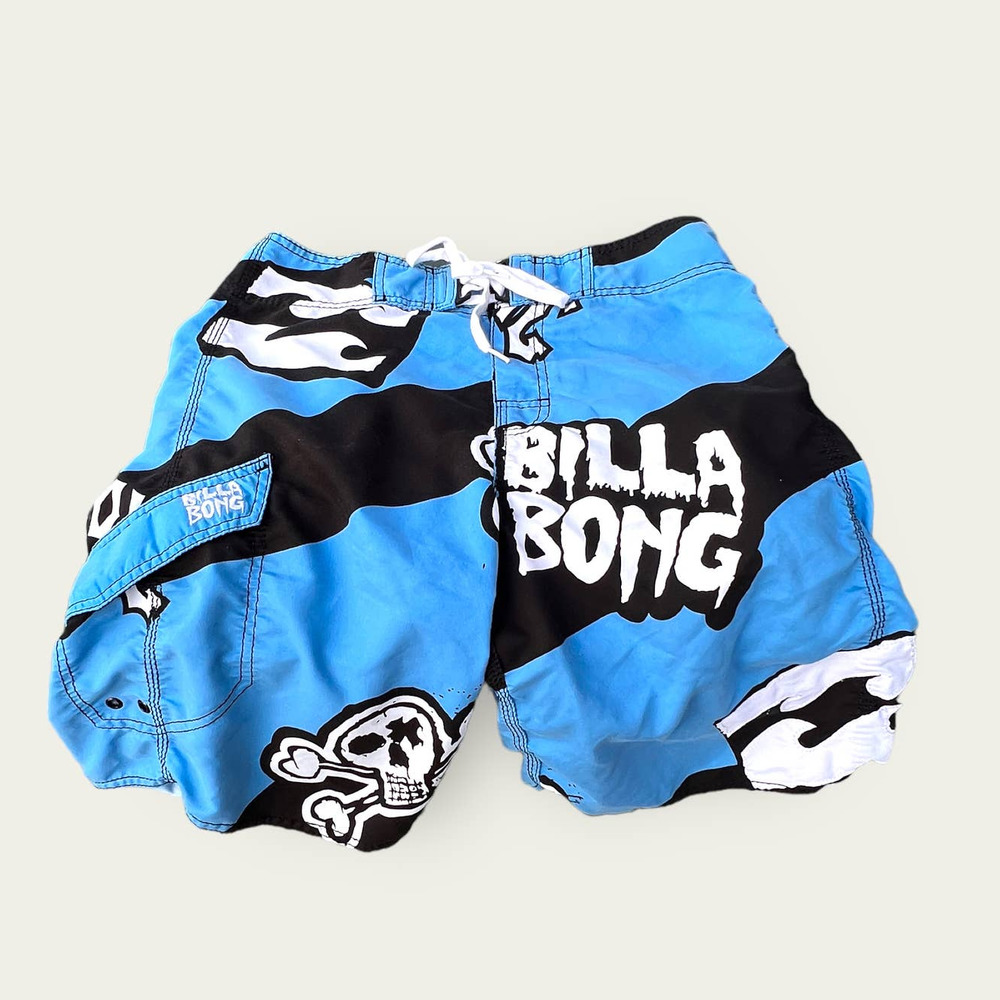 Vintage Billabong Board Shorts 30 Blue Black Skulls Cross Bones Swim Trunks Surf